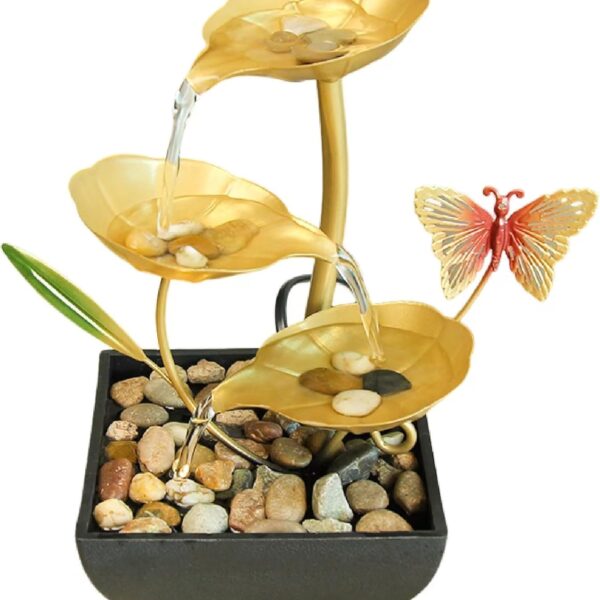 3-Tier Lotus Tabletop Fountain with River Rocks and Golden Butterfly
