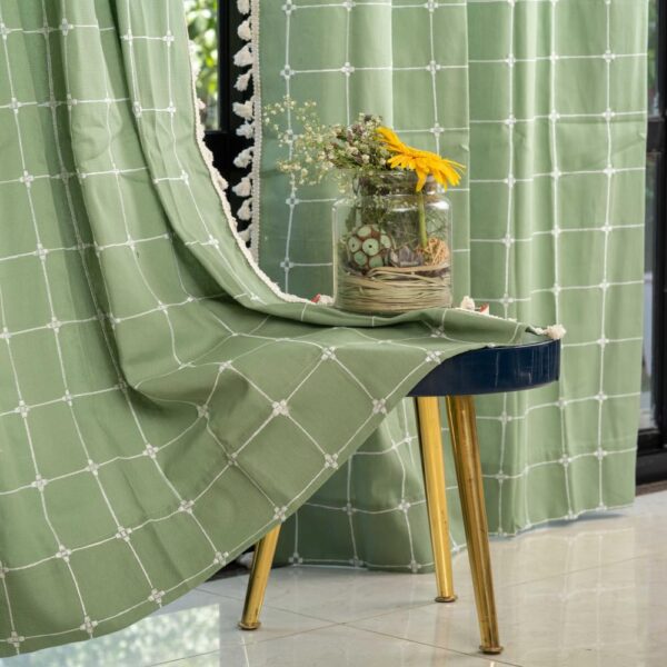Embroidery Cotton Curtain 5 Ft, Sage Green Checks, Room Darkening, Tassels