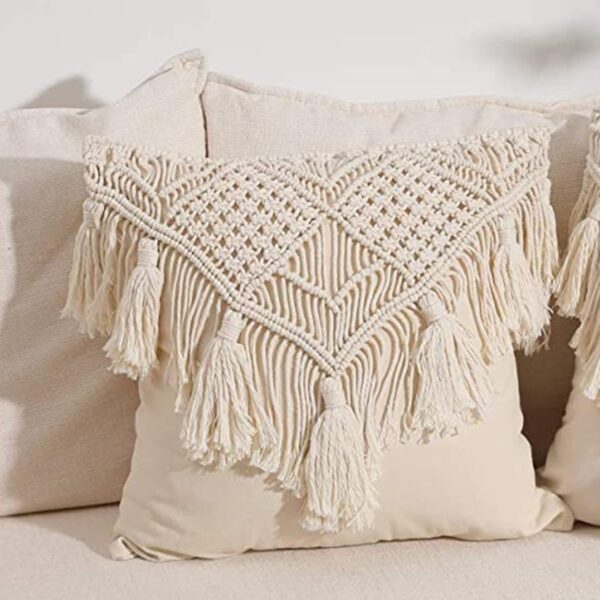 Handcrafted Boho Macrame Cotton Cushion Cover, 16x16 Inch, Cream