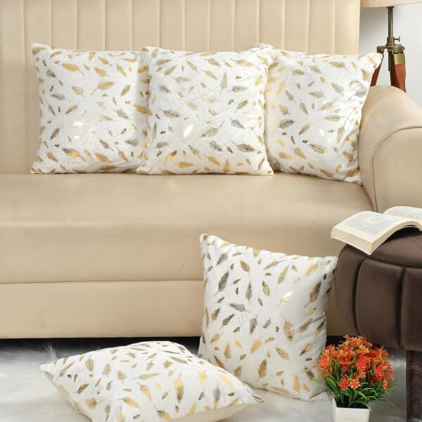 Soft Velvet Faux Fur Cushion Covers, Feather Print, 16x16 Inch, Set of 5
