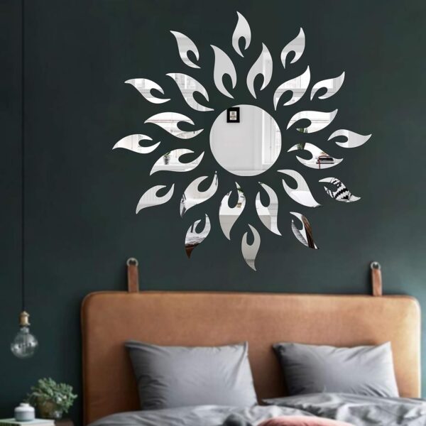 Acrylic Wall Mount Sun 3D Decorative Mirror Wall Stickers- Silver