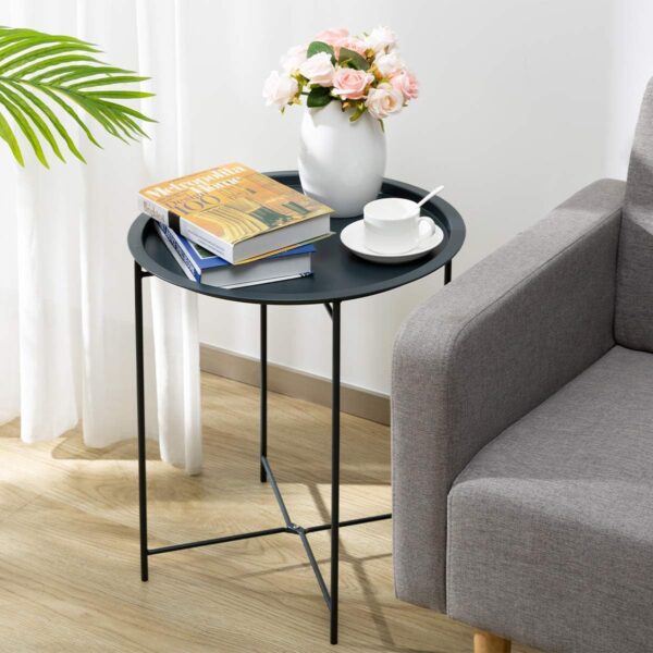 Metal Round Coffee Table with Removable Tray, Foldable Stand (Black)