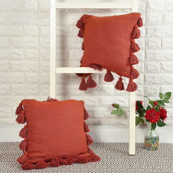 Set of 2 Boho Cotton Pillow Covers with Tassels, 16x16 Inch, Rust
